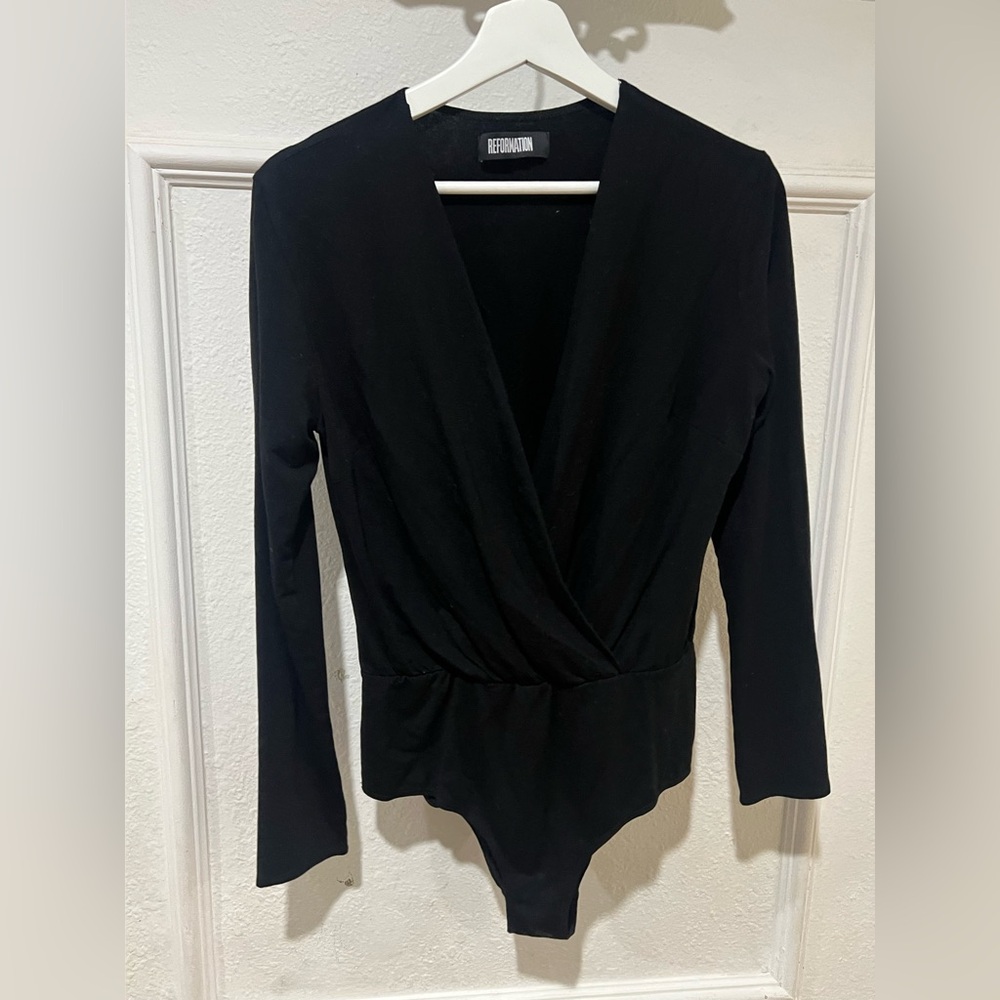 Reformation Black Long-Sleeve Wrap-Front Bodysuit